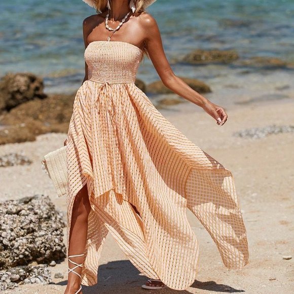 . Dresses & Skirts - Coral Orange Womens Plaid Knot Front Asymmetrical Hem Tube Dress